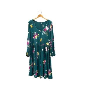 Old Navy Dress Floral Puff Sleeve Fit Flare V Neck Plus Sz XXL Teal Forest Green